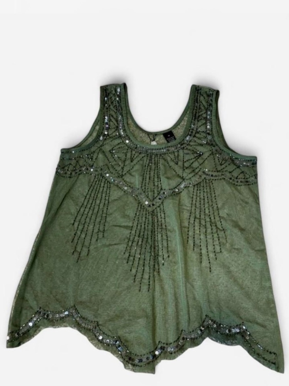BKE Olive Green Sheer Beaded Sleeveless Y2K Tank Top Women’s Size M